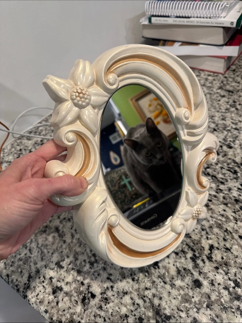 Vintage mid century chalkware framed floral mirror